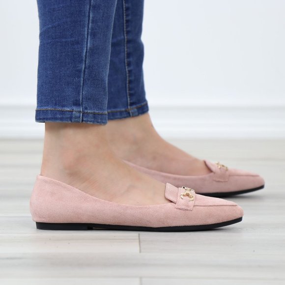 Pink Faux Suede Pointed Toe No Heel Flat Loafers Shoe Gold Accent Decor Slip On - Picture 6 of 14